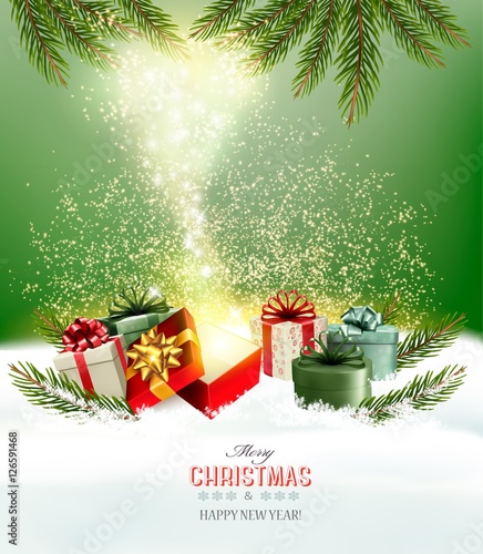 Christmas holiday background with presents and magic box. Vector