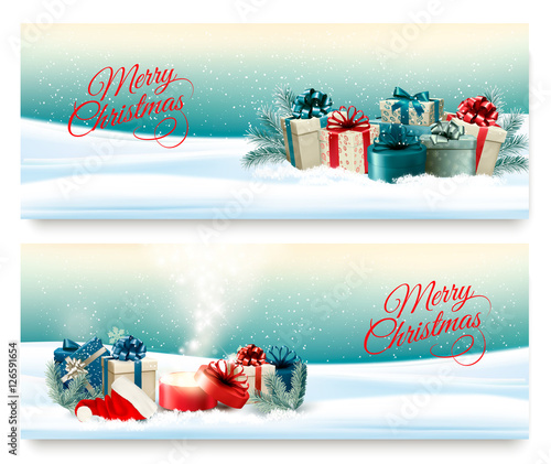 Two Christmas banners with presents and magic box. Vector.