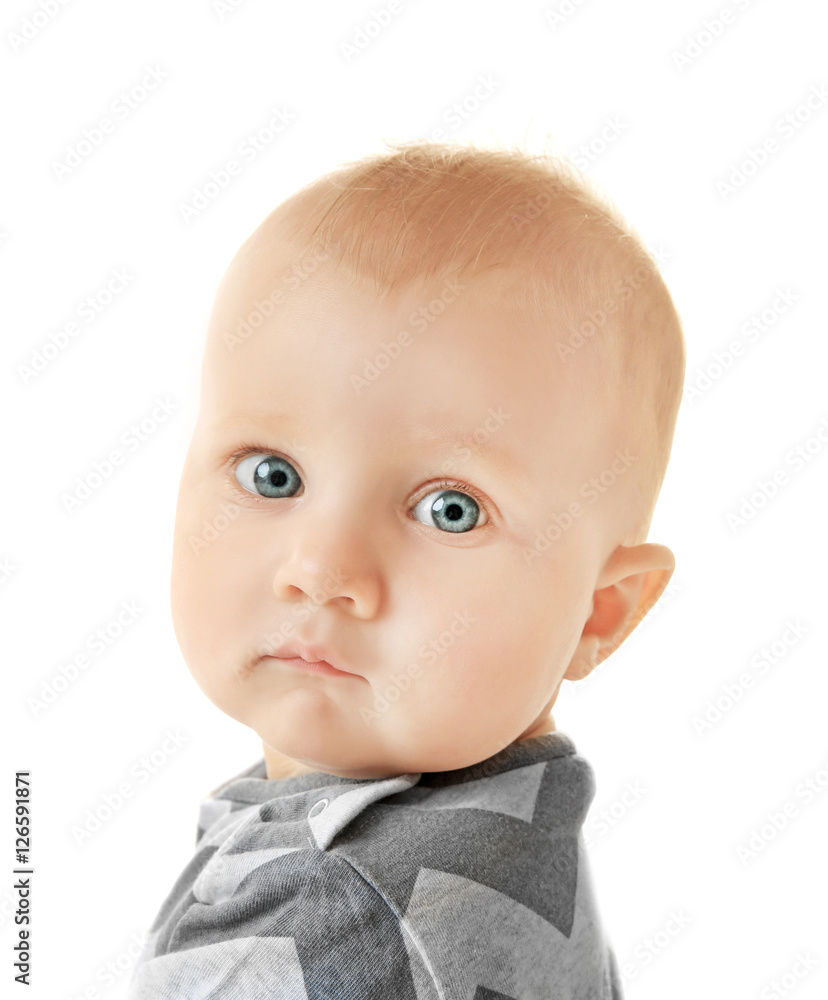 Adorable little baby on white background, close up