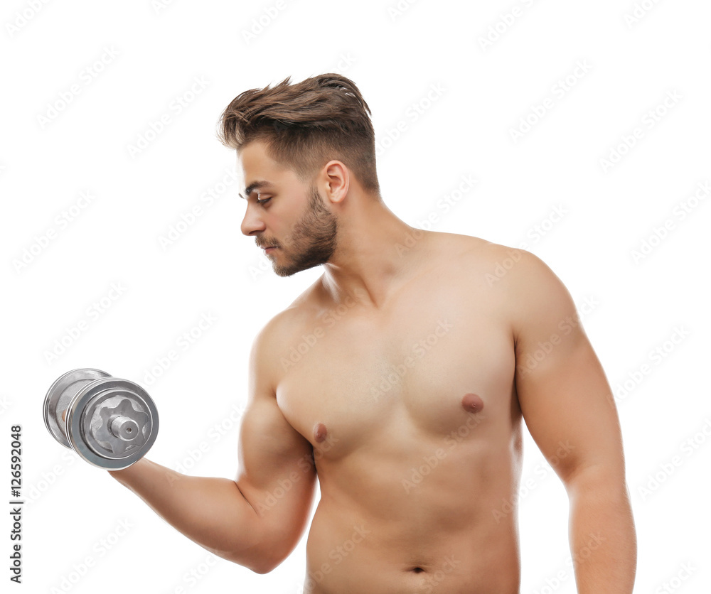 Sporty man with dumbbell isolated on white Sporty man with dumbbell isolated on white