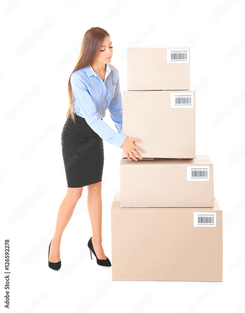 Beautiful businesswoman with boxes on white background Beautiful businesswoman with boxes on white background