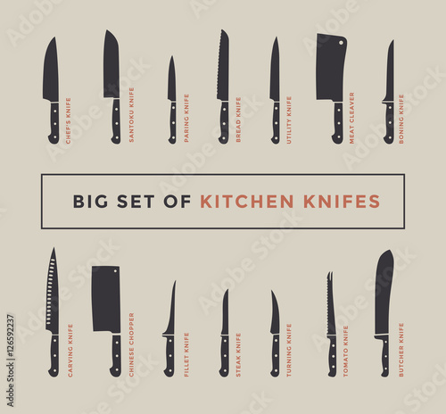 Big set of kitchen knives with names. Vector illustration.