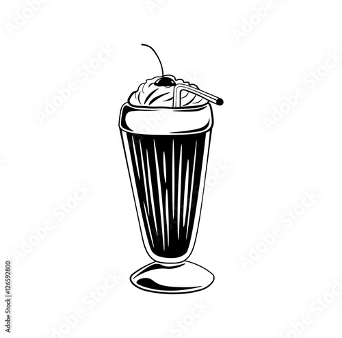 Chocolate milkshake in tall glass isolated on white background.