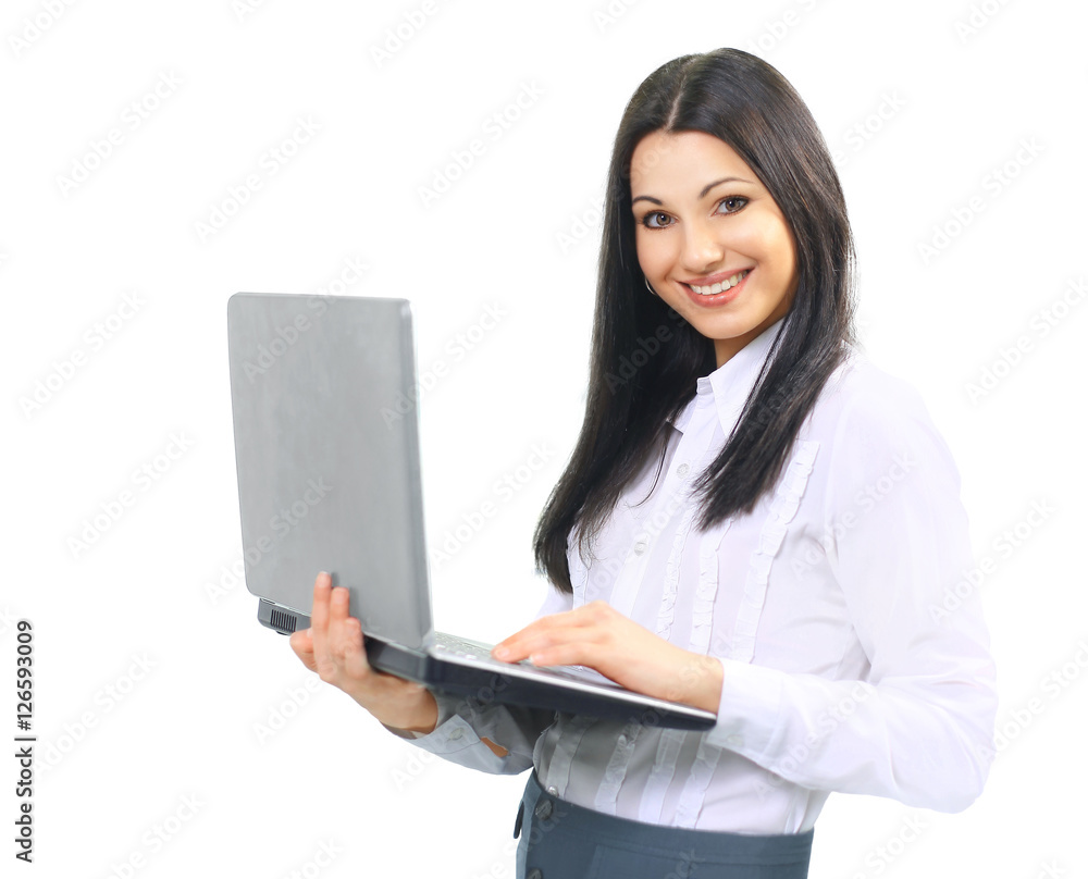 portrait of a woman administrator with laptop on white background portrait of a woman administrator with laptop on white background