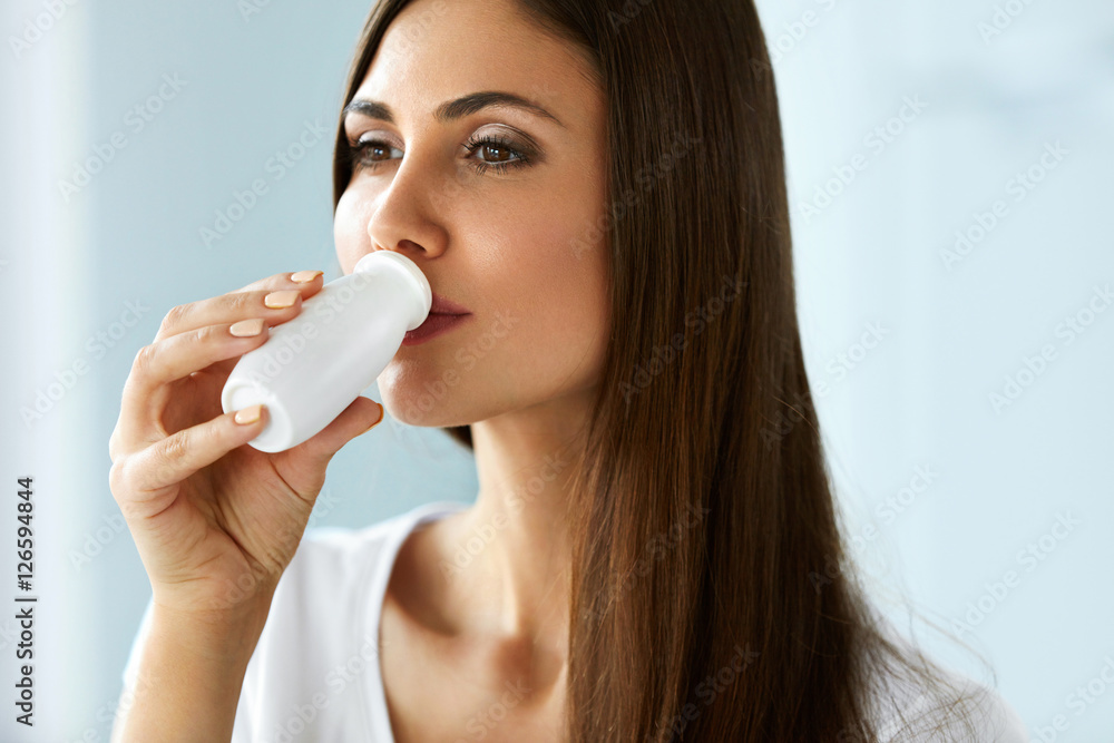 Beautiful Healthy Woman Drinking Natural Yogurt, Dairy Product Beautiful Healthy Woman Drinking Natural Yogurt, Dairy Product