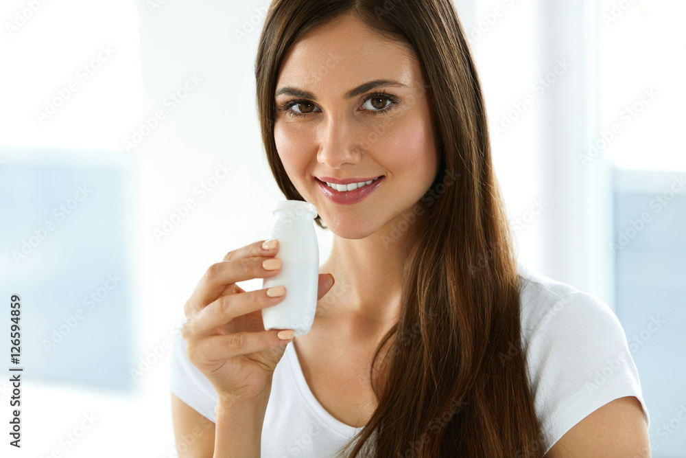 Woman On A Healthy Diet. Girl With Drinking Yoghurt, Dairy Drink Woman On A Healthy Diet. Girl With Drinking Yoghurt, Dairy Drink