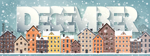 December month,winter cityscape.City silhouettes.Town skyline. Panorama. Midtown houses.New year,christmas.Holidays in January February.