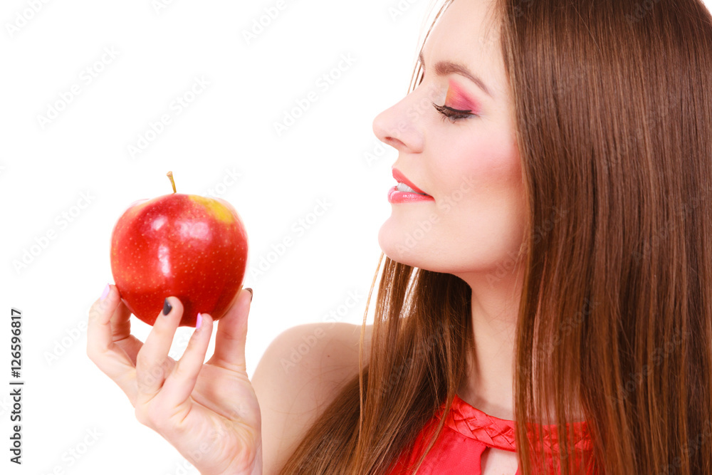 Woman charming girl colorful makeup holds apple fruit Woman charming girl colorful makeup holds apple fruit