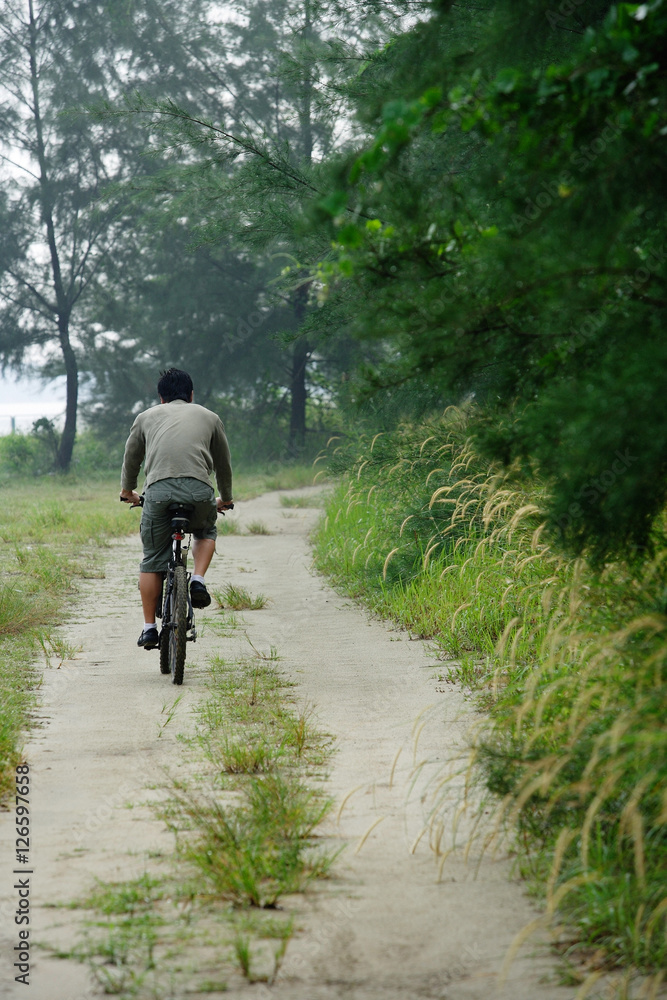 Rear view of a man cycling