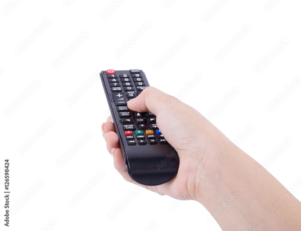 hand with tv remote control isolated on white hand with tv remote control isolated on white