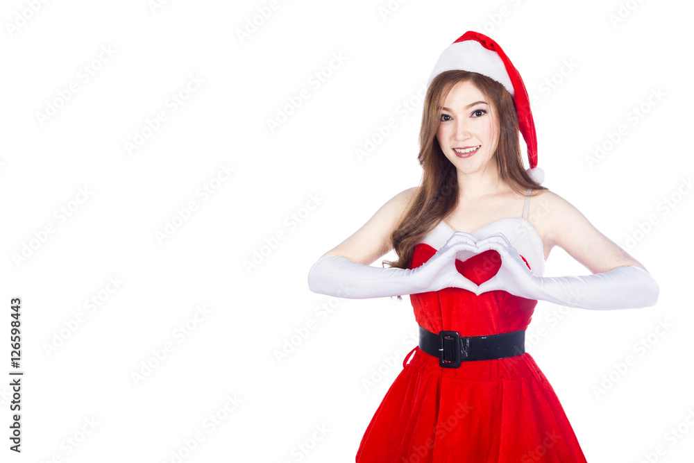 beautiful Santa woman doing a heart with her hand isolated on wh beautiful Santa woman doing a heart with her hand isolated on wh