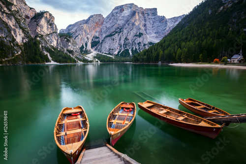 Boats on the Braies Lake   Pragser Wildsee   in Dolomites mounta
