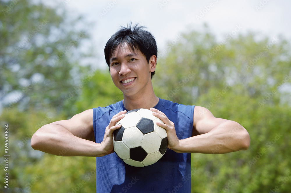 Man holding soccer ball in both hands