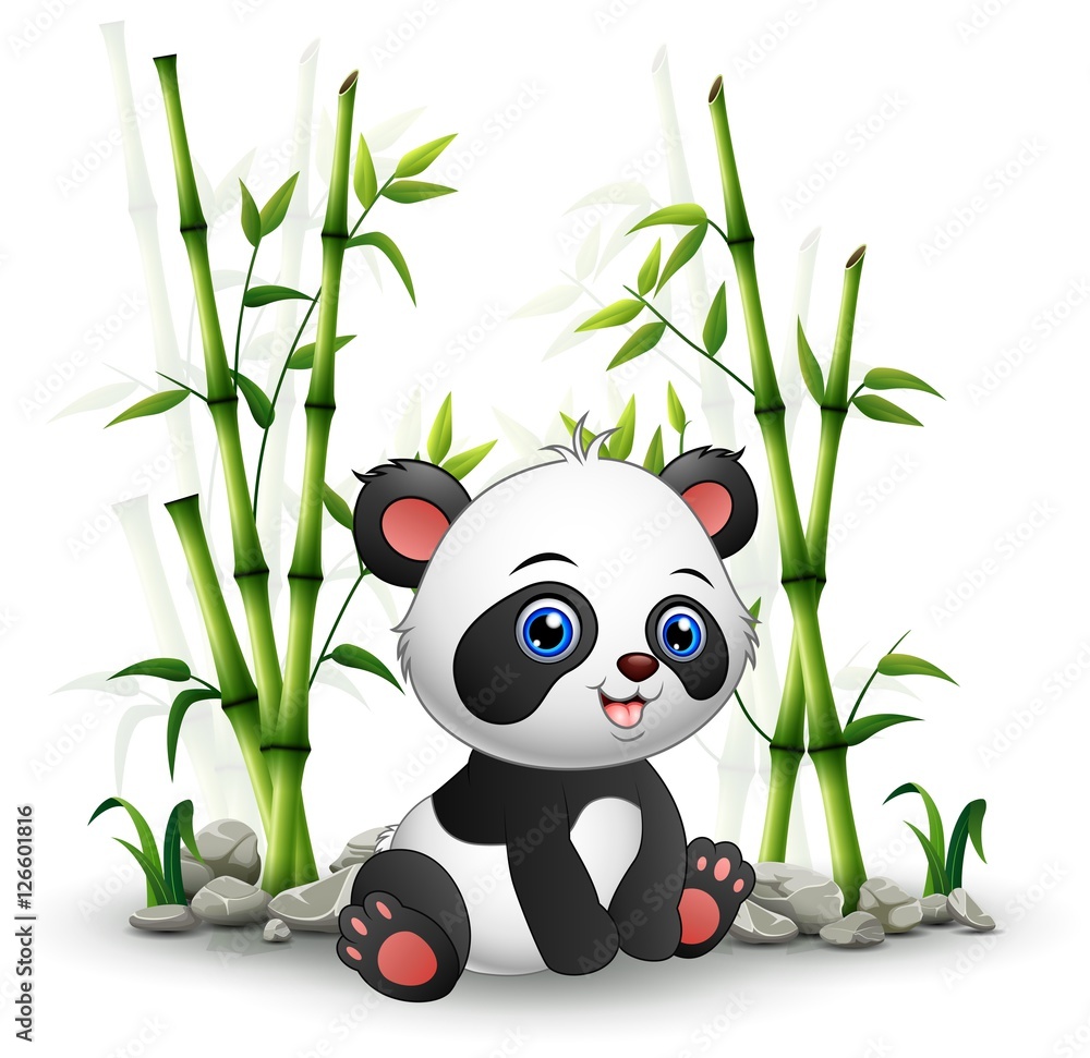 Naklejka premium Mała panda siedząca wśród łodygi bambusa