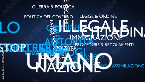 Illegal, immigration, crime, refugee word tag cloud, blue, Italian variant, 3D rendering, UHD