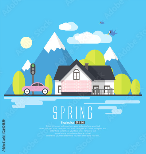Spring countryside, tourism, flat style illustration