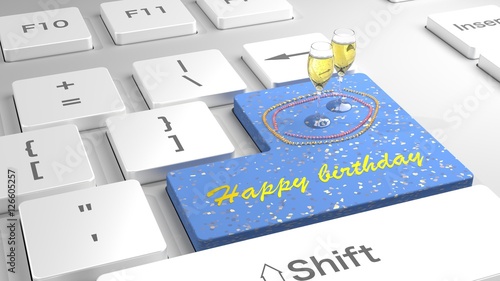 Photography White keyboard with flat keys with the enter key in blue showing happy birthday