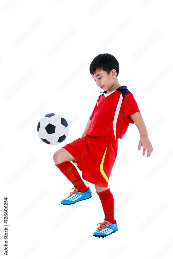 Young asian soccer player with soccer ball. Studio shot. Isolated on white background.