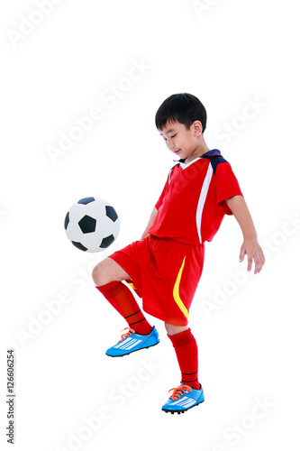 Obraz na płótnie Young asian soccer player with soccer ball. Studio shot. Isolated on white background. w salonie