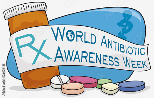 Medicine Bottle, Pills and Ribbon for World Antibiotic Awareness Week, Vector Illustration