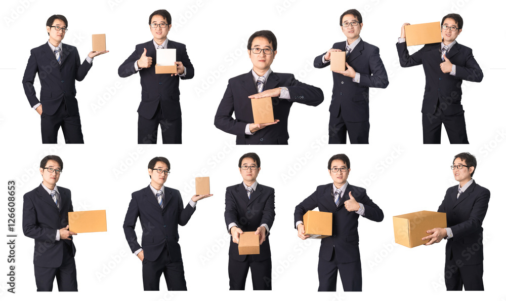 Set of Asian businessman with product package in hands isolated