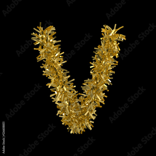 Letter V made from Gold Christmas Tinsel Isolated on Black - 3D Illustration