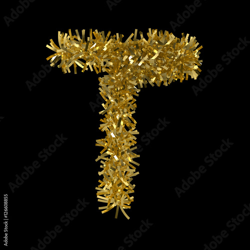 Letter T made from Gold Christmas Tinsel Isolated on Black - 3D Illustration