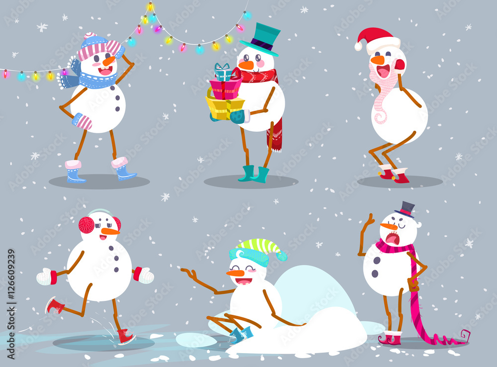 Merry Christmas and Happy New Year Set with cute snowmen characters. Six Cheerful snowmen in clothes,Christmas attributes, isolated on background. Hand drawn vector illustration, cartoon design.