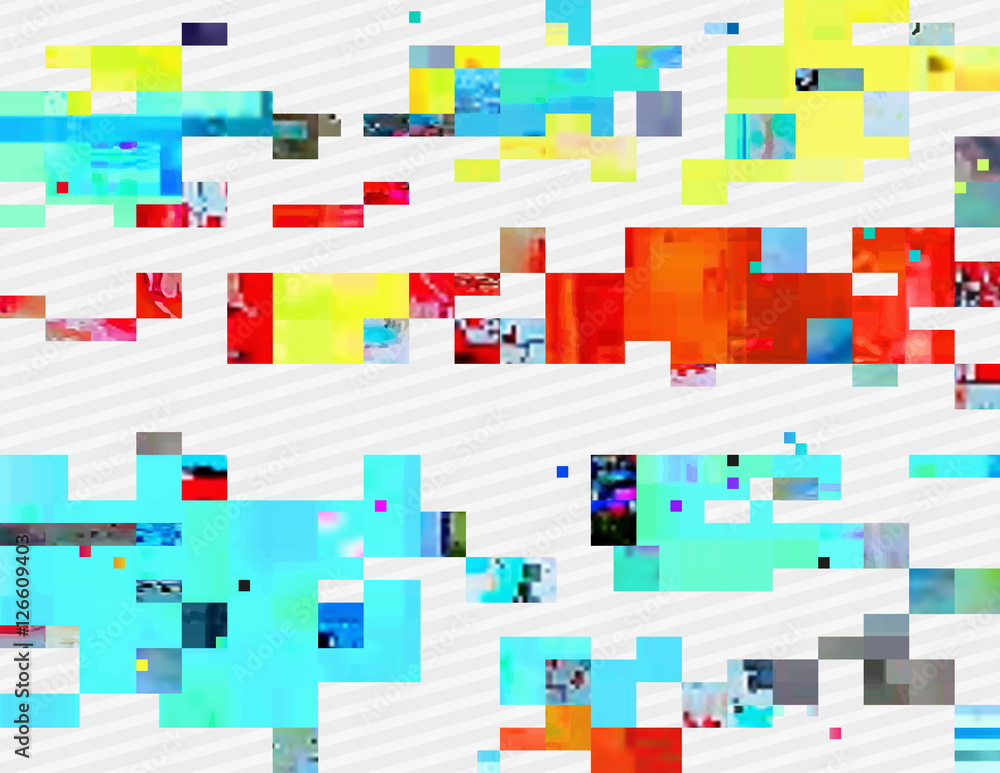 Colorful glitched shapes. Decorative layer for effect of corrupted image. Random digital signal error. Abstract contemporary background made of acid pixel mosaic. Element of trendy design.