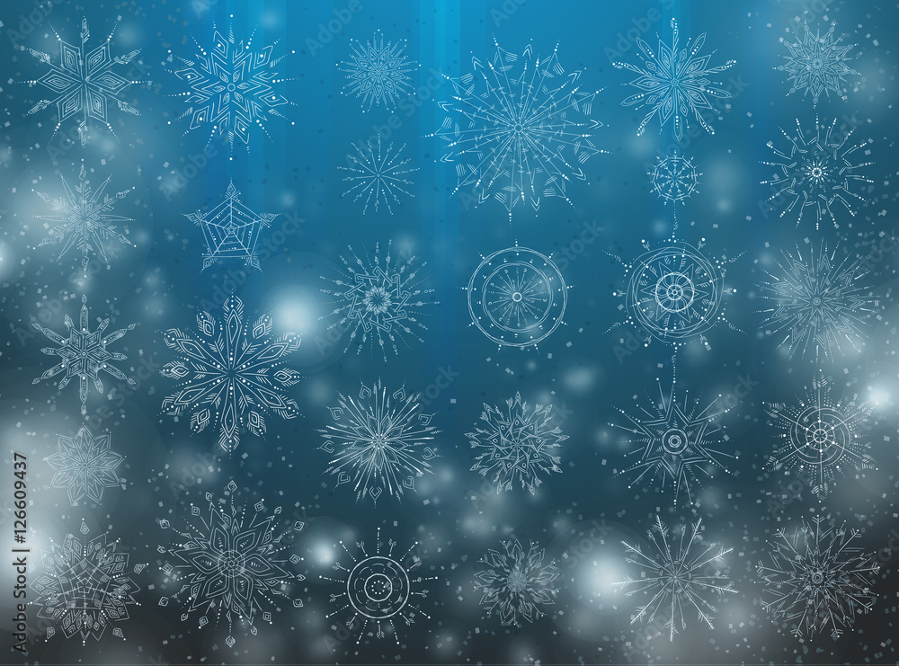 Merry Christmas pattern with snowflakes. Winter pattern, ornament, New Year's design. Doodle Hand drawn vector illustration, set and collection. Snow and confetti background. Merry Christmas pattern with snowflakes. Winter pattern, ornament, New Year's design. Doodle Hand drawn vector illustration, set and collection. Snow and confetti background.