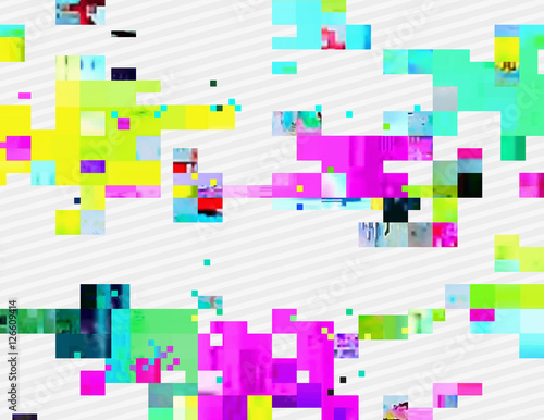 Colorful glitched shapes. Decorative layer for effect of corrupted image. Random digital signal error. Abstract contemporary background made of acid pixel mosaic. Element of trendy design.