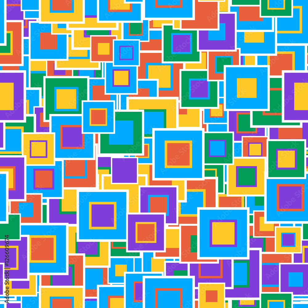 Geometric seamless pattern. The multicolored squares of different sizes, are located in a chaotic manner. Useful as design element for texture and artistic compositions.