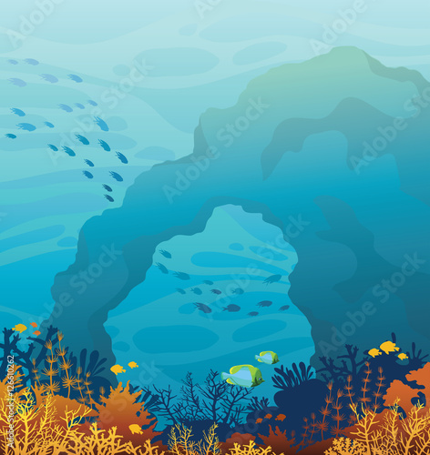 Wild marine life - underwater cave and coral reef.
