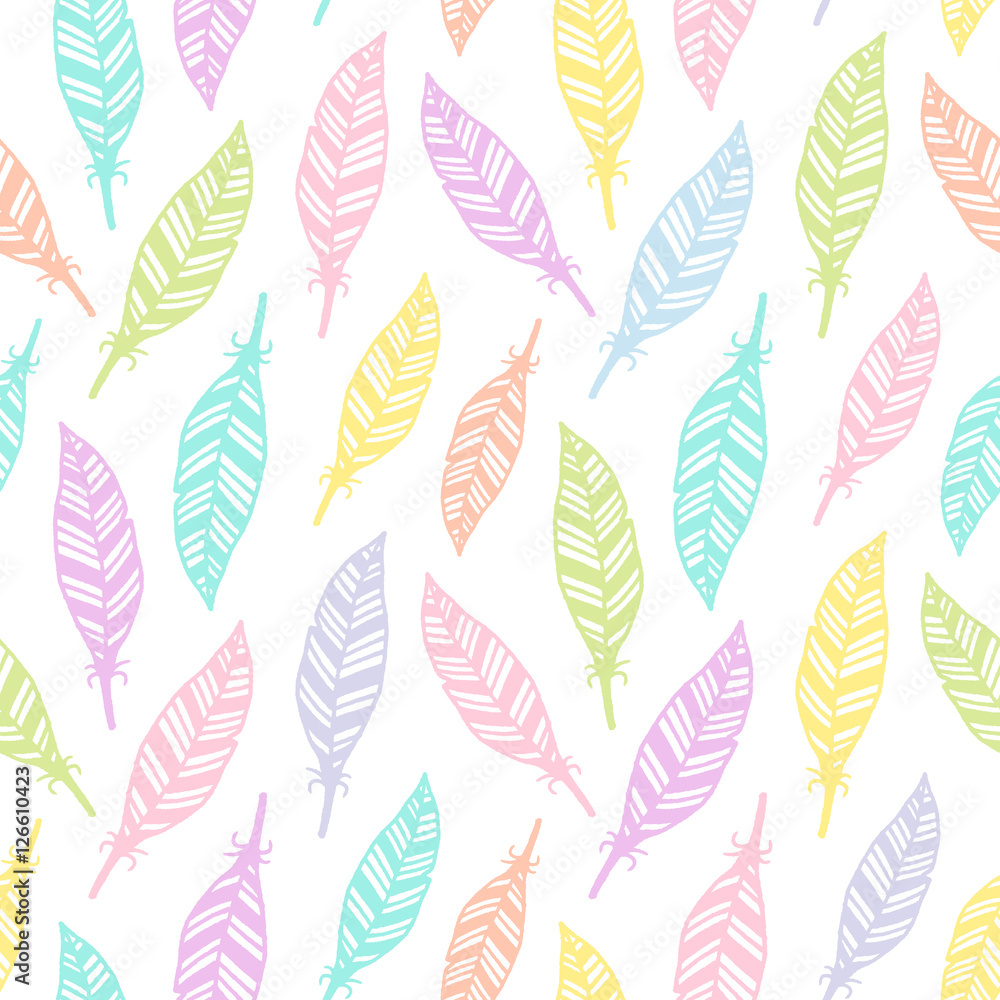 Hand drawn feather seamless pattern. Soft colored feather pattern for wrapping paper, textile, fabric, wallpaper.