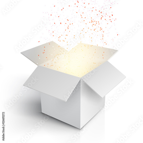 Realistic Magic Open Box. Magic Gift Box with Magic Light Commin