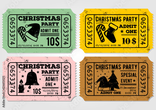 Vector set of Old paper ticket, admit one for Christmas Party
