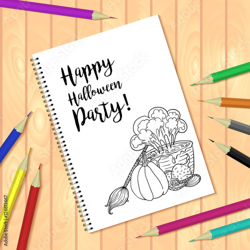 Spiral bound notepad or coloring book with Halloween coloring page picture. Vector template or mock up. Easy to place your image on the cover.Top view.