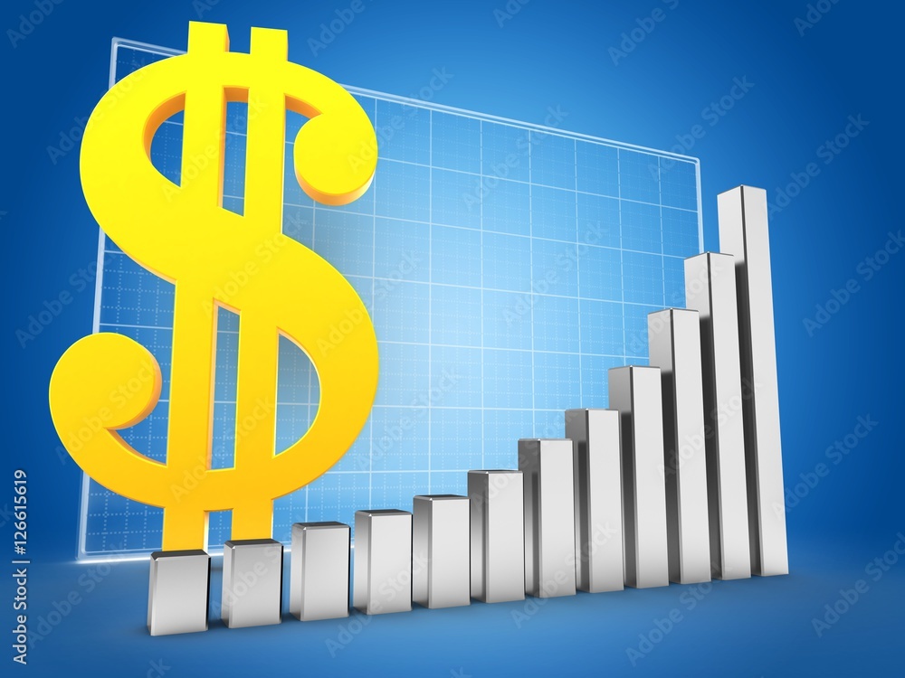 3d illustration of dollar sign over blue grid background with metal bars 3d illustration of dollar sign over blue grid background with metal bars