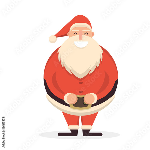 Santa Claus standing straight with his hands on belt. Cute carto
