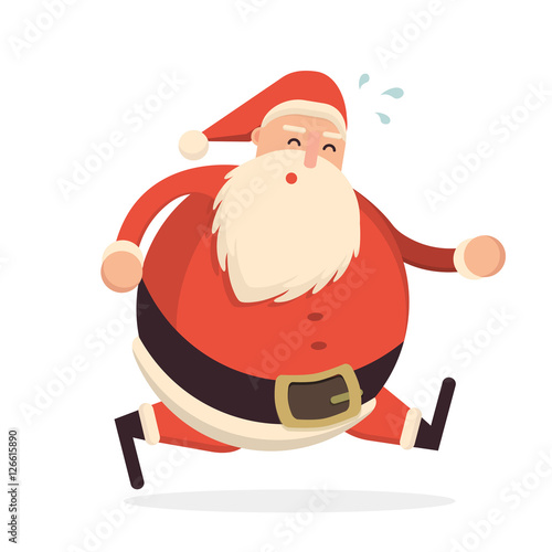 Santa Claus running hard and getting tired. Cute cartoon cheerfu
