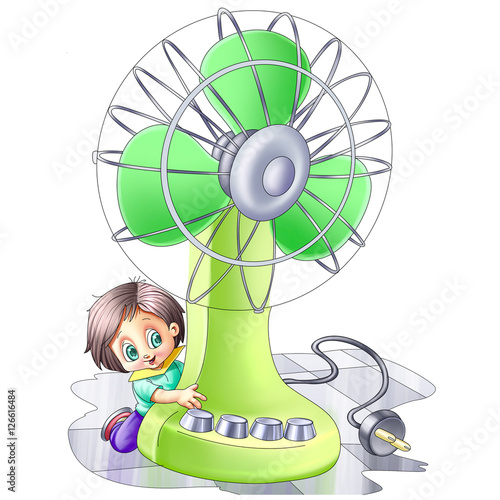 Boy near a table fan