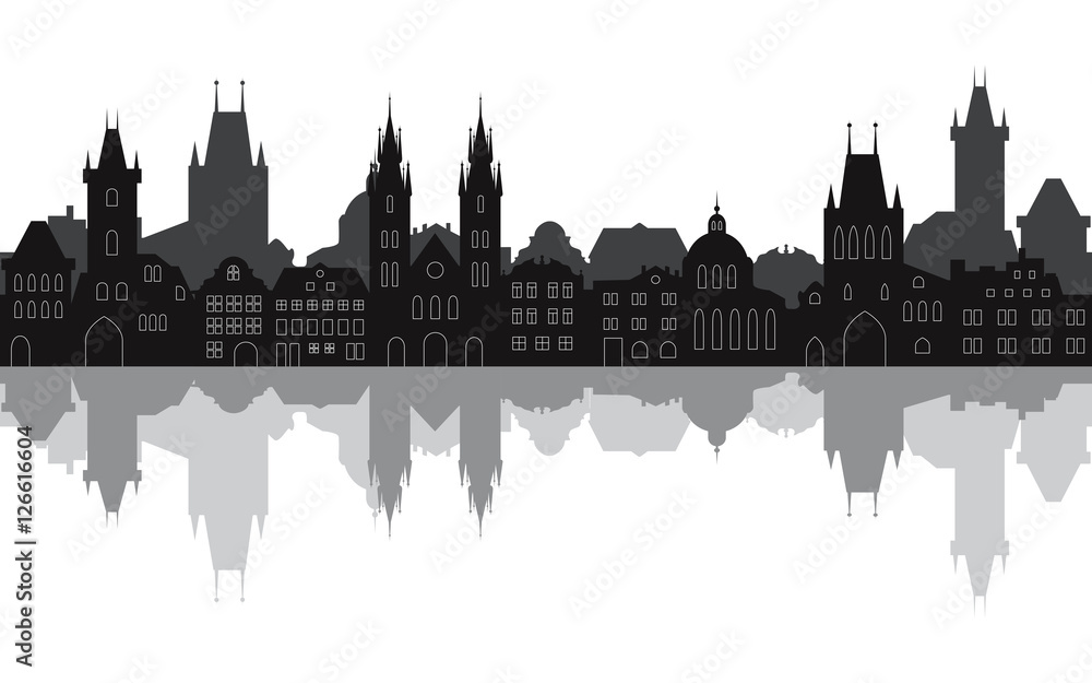 Seamless cityscape of the old town of Prague with reflection in the water. Vector illustration of historic european city street. Travel background.