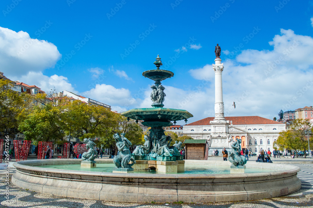 Fountain on the Rossio square in Lisbon, Portugal