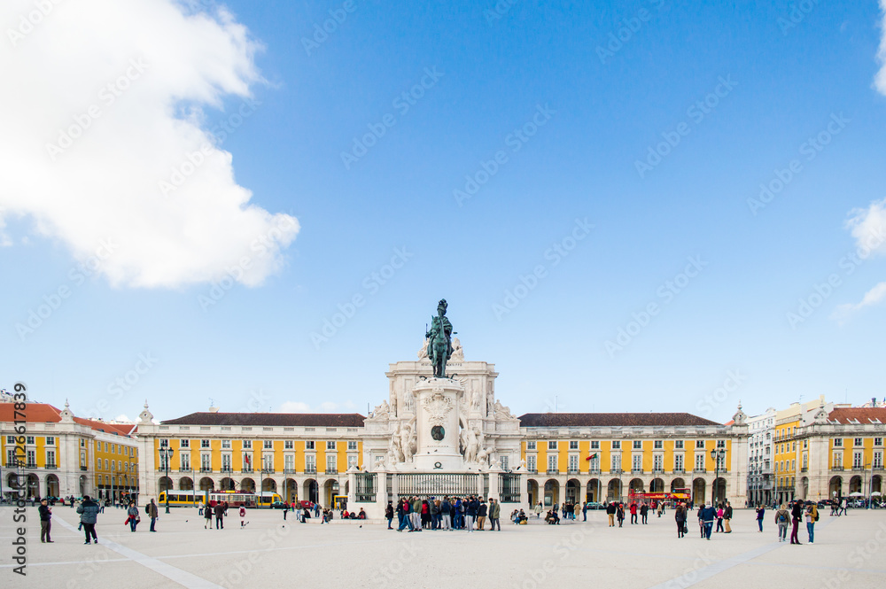 The Praca do Comercio (Commerce Square) with Statue of King Jose I by Machado de Castro and the arch in Lisbon, Portugal