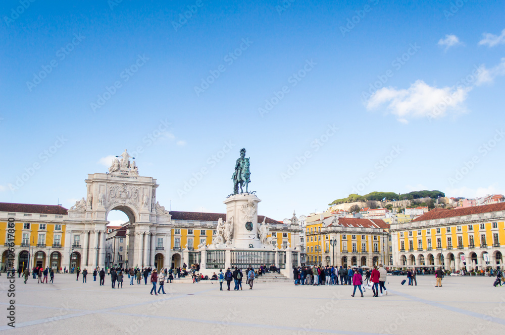The Praca do Comercio (Commerce Square) with Statue of King Jose I by Machado de Castro and the arch in Lisbon, Portugal