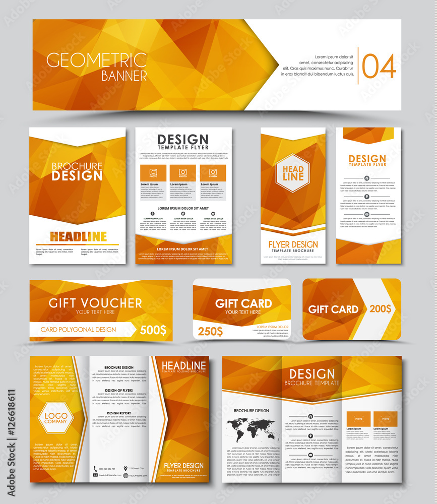 Set of banners, brochures, flyers, cards, vouchers with a orange polygon on an abstract elements. corporate identity template. Vector illustration