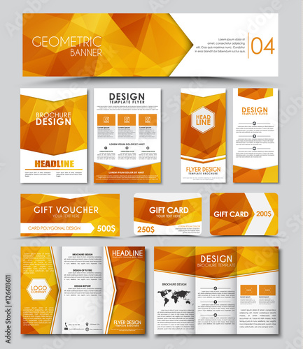 Set of banners, brochures, flyers, cards, vouchers with a orange polygon on an abstract elements. corporate identity template. Vector illustration
