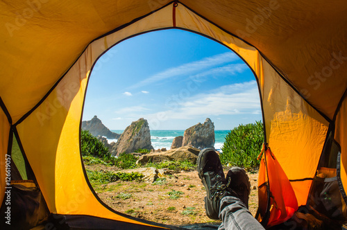 Camping on the Atlantic ocean coast (Praia da Ursa beach), Portugal