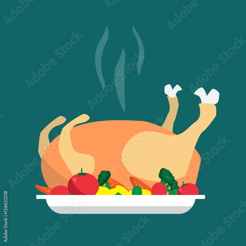 Happy Holidays Cartoon flat cooked roasted turkey Christmas on a
