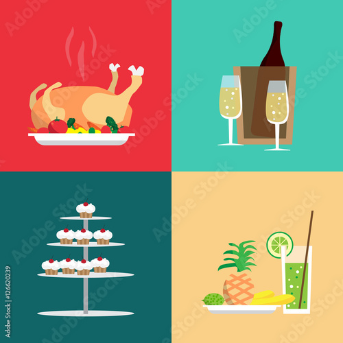 Food set on the Christmas table. Turkey, drinks, sweets, fruit.